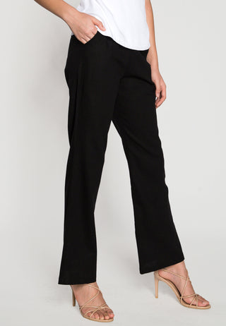 Flared formal linen pants from Uluwatu gives a sophisticated look and relaxed feel. Its colour is. black.