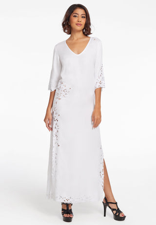 Simple and elegant long dress ideal for summer in comfortable fabric. It has long loose sleeves, a v neck design and has slits at the sides for easy movement. Handmade Balinese lace embroidery work at right places is adding beauty. its colour is white. 