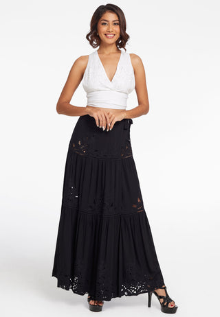  SKIRT: Simply gorgeous long skirt with tired and gathered pattern. Traditional handmade Balinese lace work all over enhances its look. This rayon skirt is black.