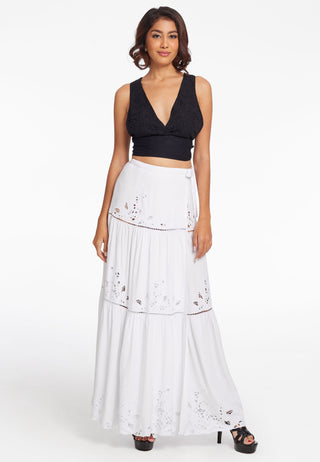  SKIRT: Simply gorgeous long skirt with tired and gathered pattern. Traditional handmade Balinese lace work all over enhances its look. This rayon skirt is white.