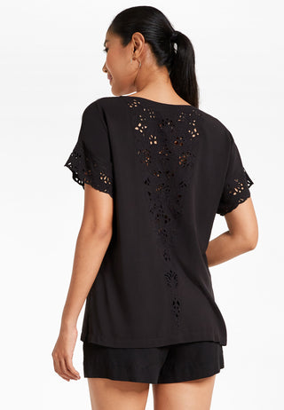 Regular fitting round neck top with two buttons at front. Uluwatulace’s signature Balinese handmade lace work on hems of sleeves and on back adds elegance to its simplicity. 