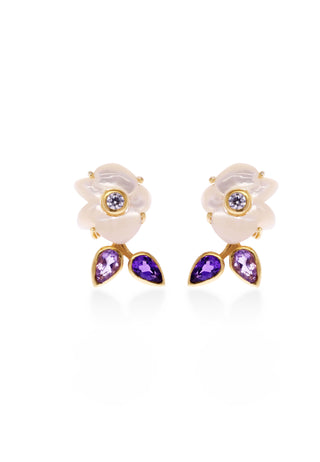 Stud earring gold plated in sterling silver as an expression of the exotic flower orchid handcrafted in coloured stone and seashell. 