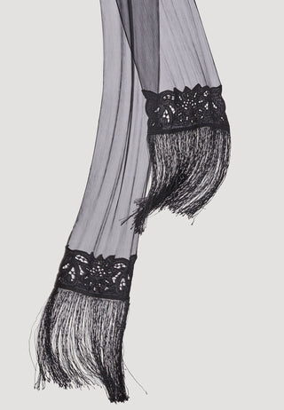 Super soft lightweight black scarf decorated with handmade Balinese lace work and long fringes from Uluwatu Lace.