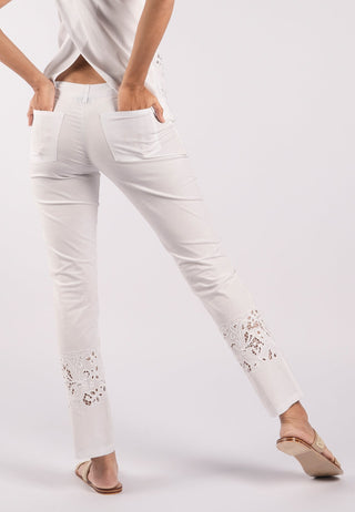 Women White Slim Pant with Lace Embroidery