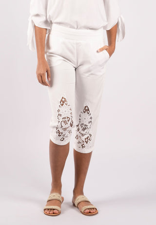 Lace Embroidered Women White Capri Pant