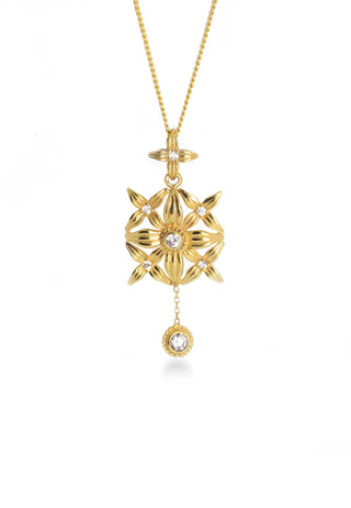 Inspired by the sacred Asoka tree, this elegant pendant has carved petals designed beautifully with a tiny stone danger in sterling silver and gold plated. 