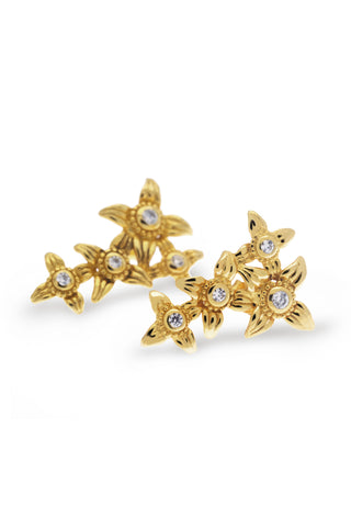 Stone studded ear climbers in gold plated silver with the sacred Asoka petal as design motif for a modern elegant look.