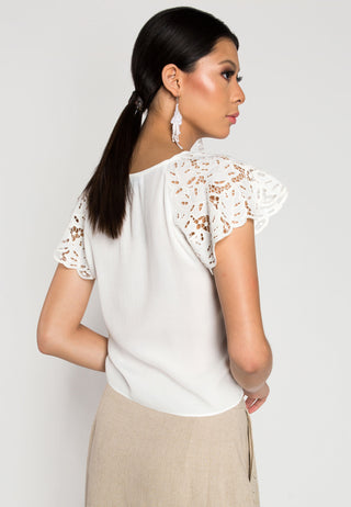 Feminine Twist-tie Top with Delicately Embroidered Fluttering Sleeves