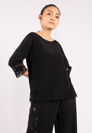 Lace Embroidery Classic Elegant Women Black Top Outfit