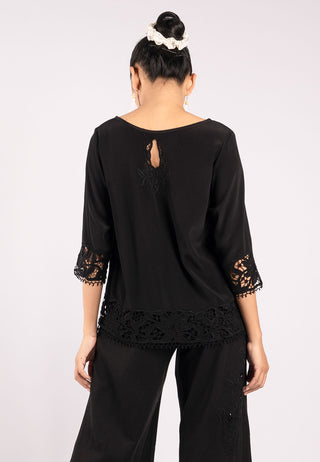 Lace Embroidery Classic Elegant Women Black Top Outfit