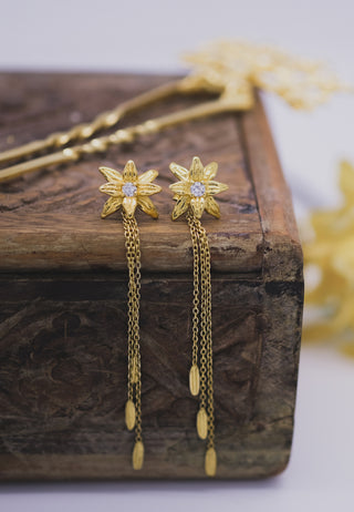  Gorgeous earring in silver gold-plated in 18 carat gold with motif of the sacred Asoka tree, a symbol of love and holiness. Three chains drop from it and add more charm 